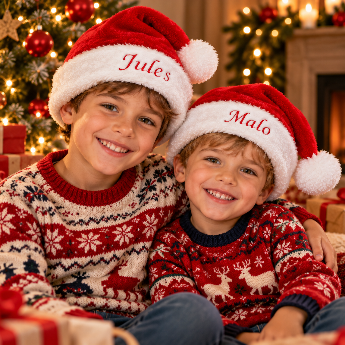 Deux enfants portant le bonnet de Noël brodé de leur prénom
