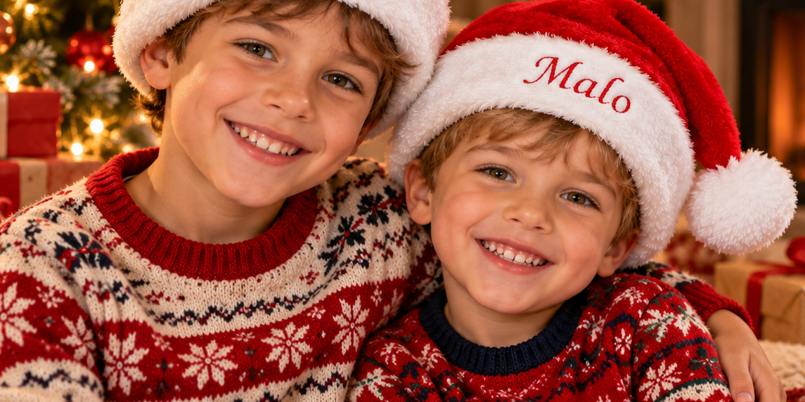 Deux enfants portant le bonnet de Noël brodé de leur prénom