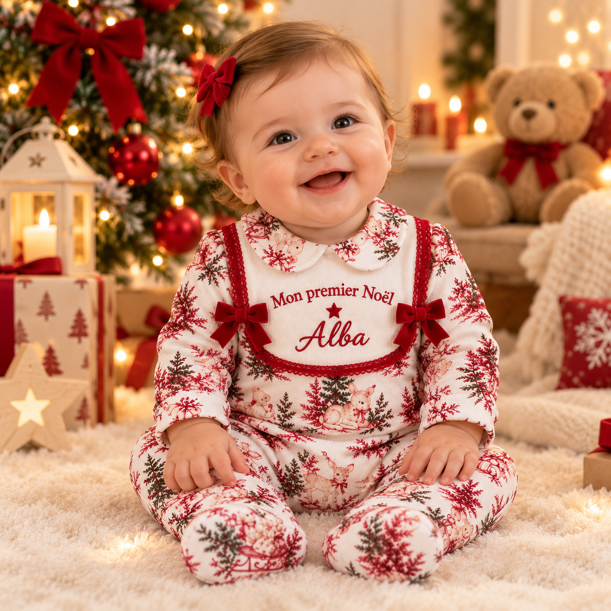 Pyjama Mon 1er Noël nœuds velours brodé au prénom Alba en rouge