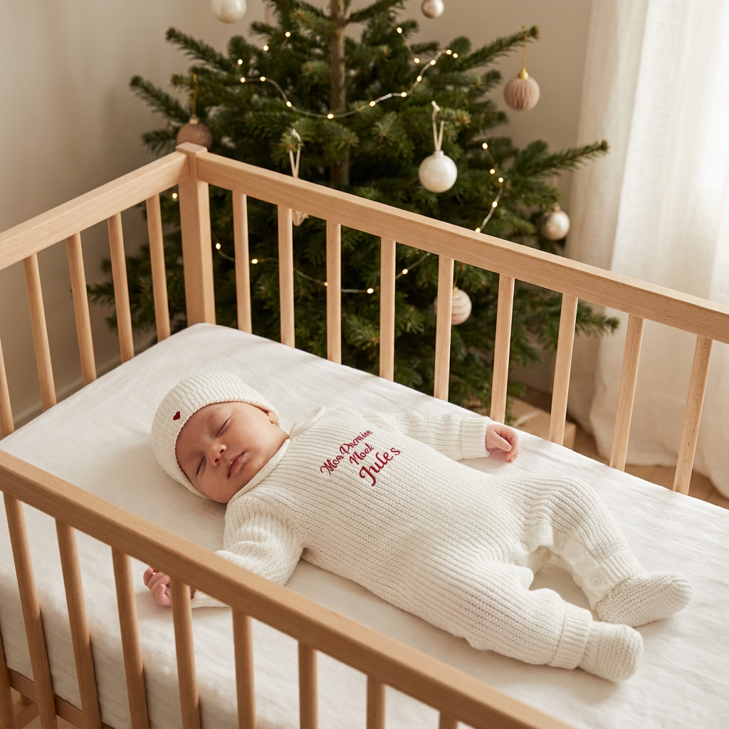 Ensemble tricot bébé brodé Mon 1er Noël et prénom