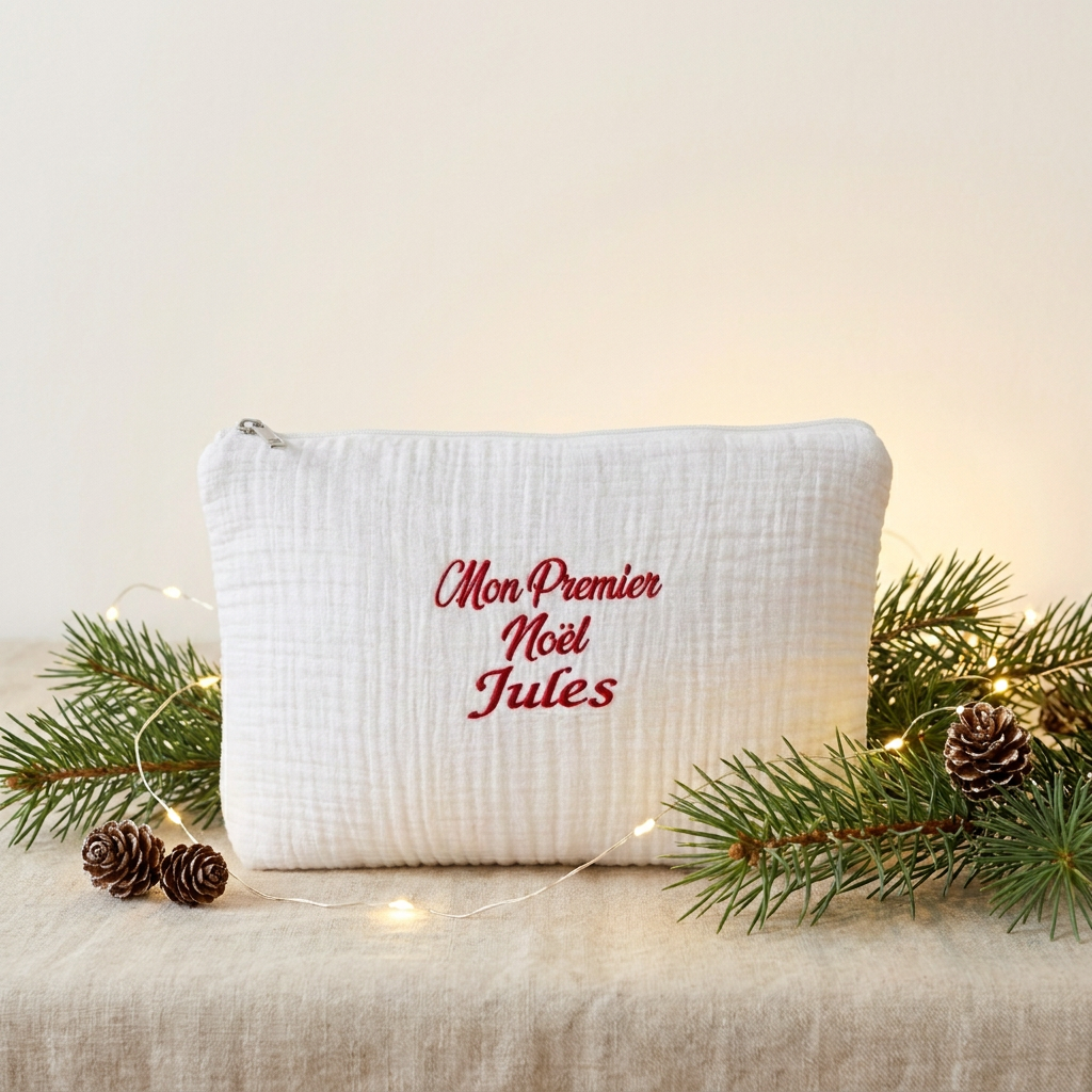 Trousse souvenir en gaze de coton blanche brodée Mon 1er Noël