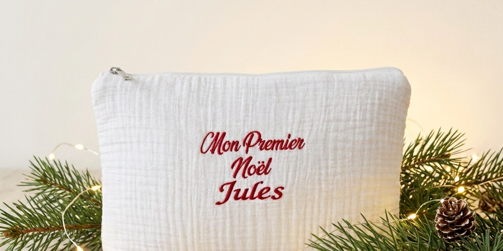 Trousse souvenir en gaze de coton blanche brodée Mon 1er Noël